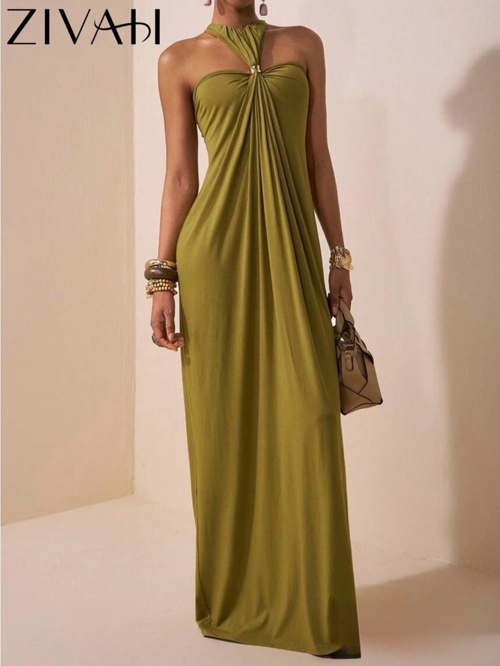 Zivah Olive Halter Maxi Dress